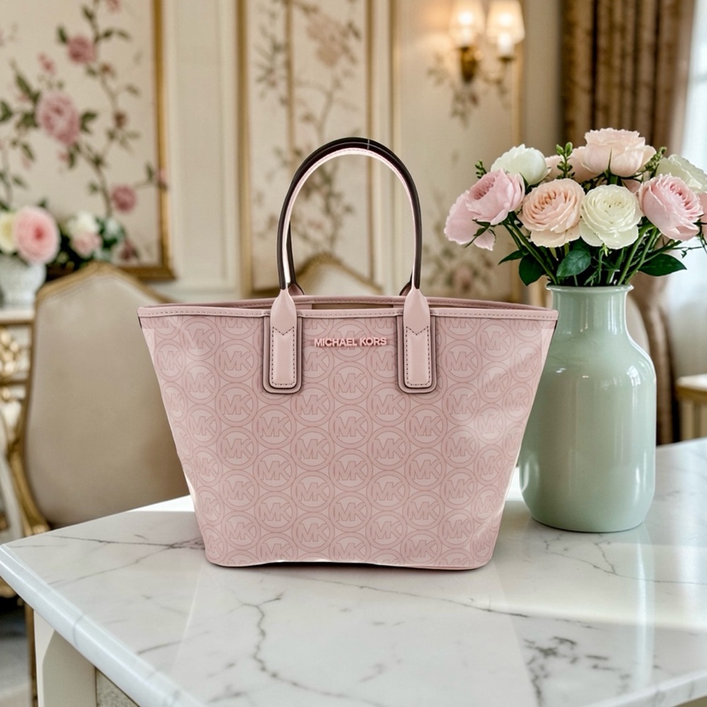 Michael Kors Jodie Small Jacquard Tote Powder Blush Pink Logo Top Handle Bag
